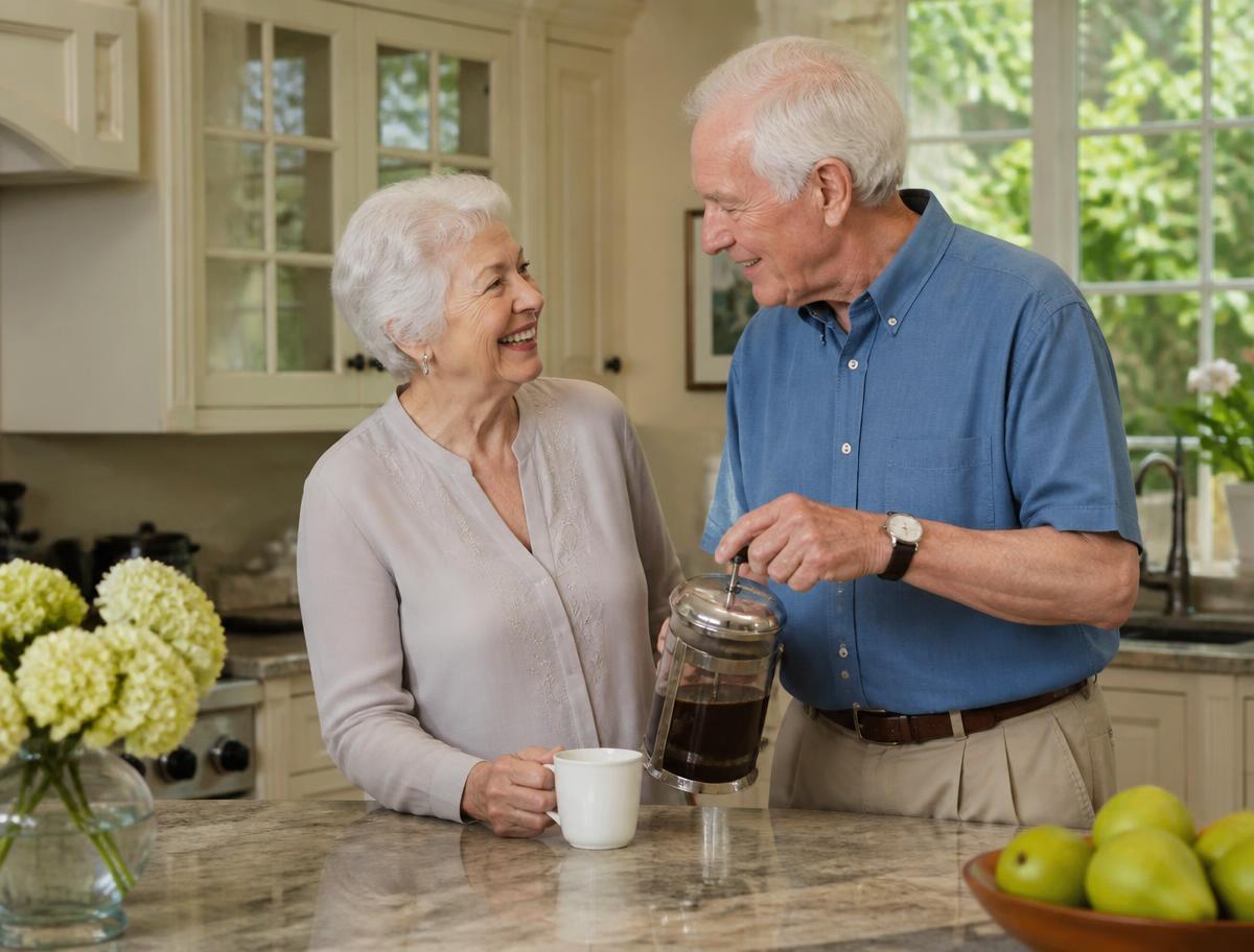 Older couple making coffee together in the bright kitchen of their own Orange County home