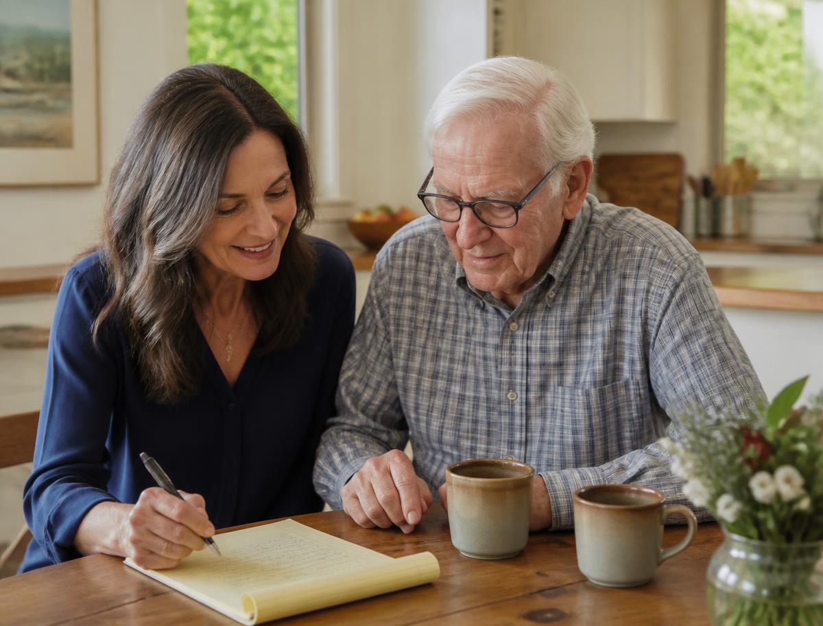 Adult daughter and her father talking comfortably at home in Orange County