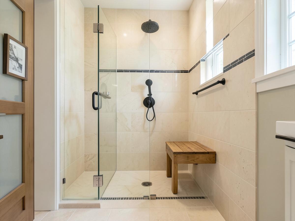 Curbless walk-in accessible shower with bench seat, handheld shower, and grab bar in a remodeled home bathroom
