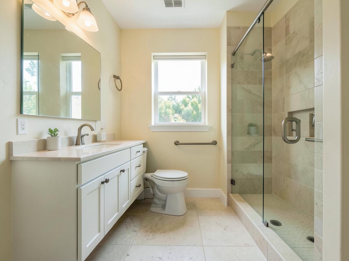 Accessible residential bathroom with grab bars, wide clearance, and non-slip flooring in a warm neutral palette