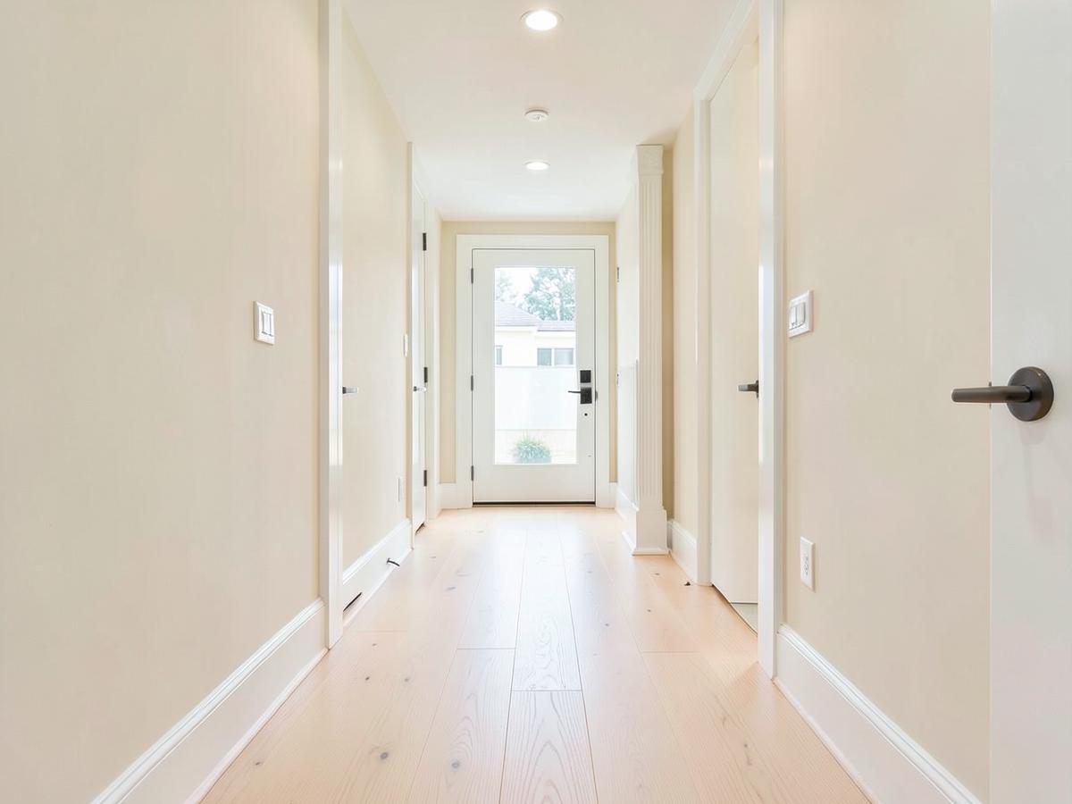 Wide interior doorway with lever handle in a bright, remodeled home hallway