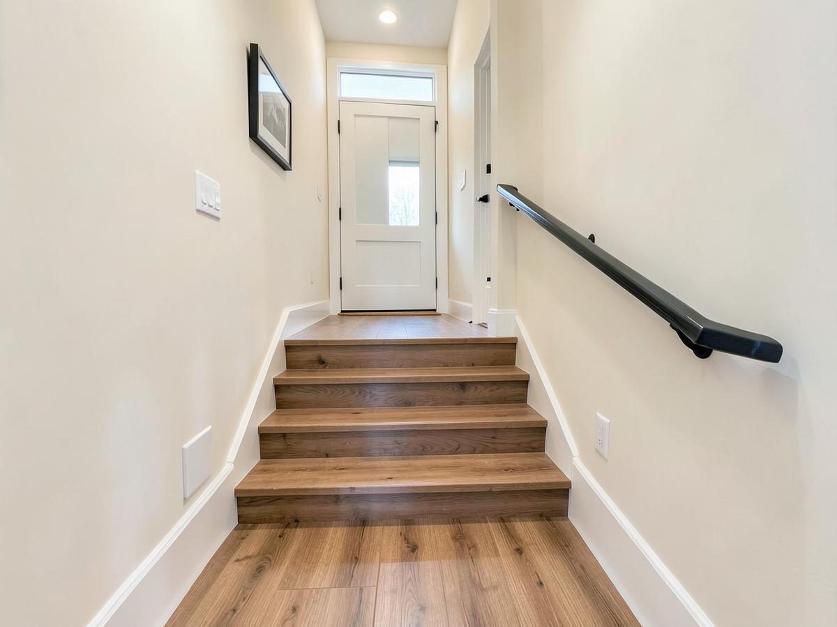 Bright home entry hallway with a wall-mounted handrail, well-lit steps, and clear walking path