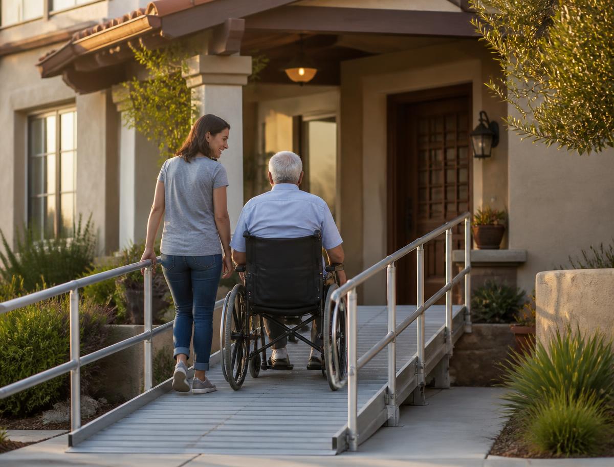 Residential accessibility ramp with black handrails leading to the front door of a Southern California home