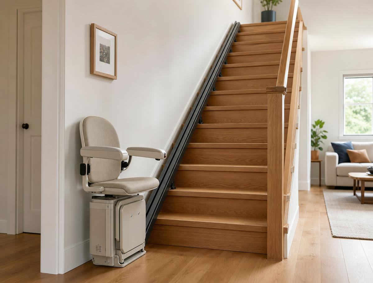 Modern residential stair lift installed on a hardwood staircase in an upscale home