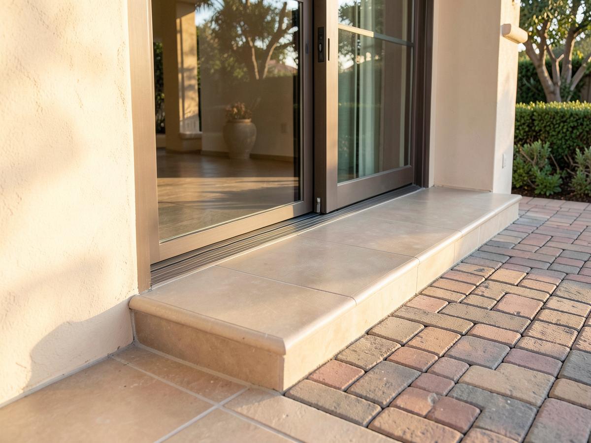 Low-profile beveled threshold at a sliding patio door creating a smooth transition to the patio