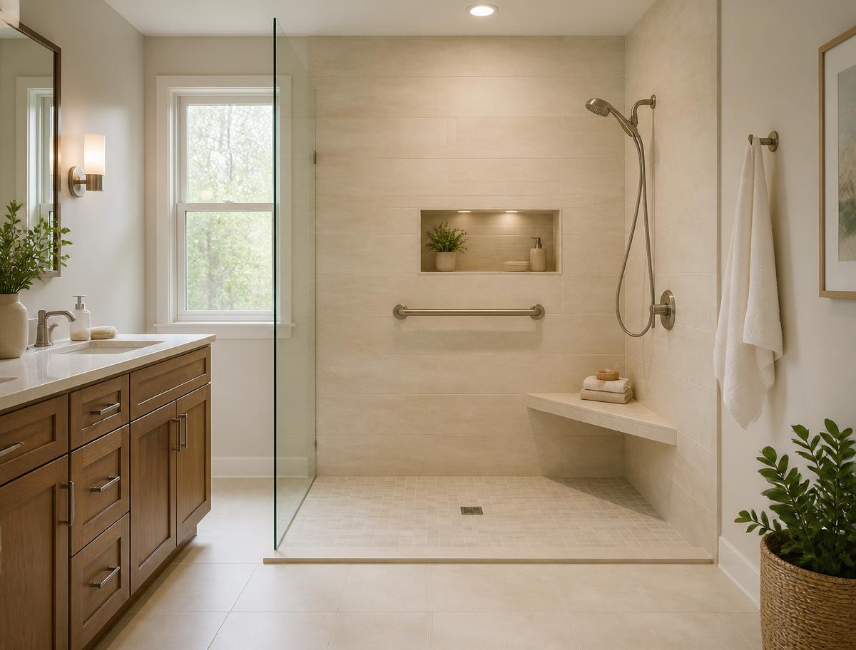 Newly converted low-threshold walk-in shower with bench where a bathtub used to be in an upscale bathroom