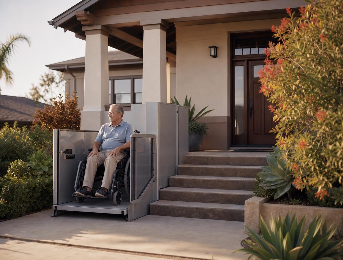 Residential vertical platform wheelchair lift installed beside a raised front porch of a stucco home